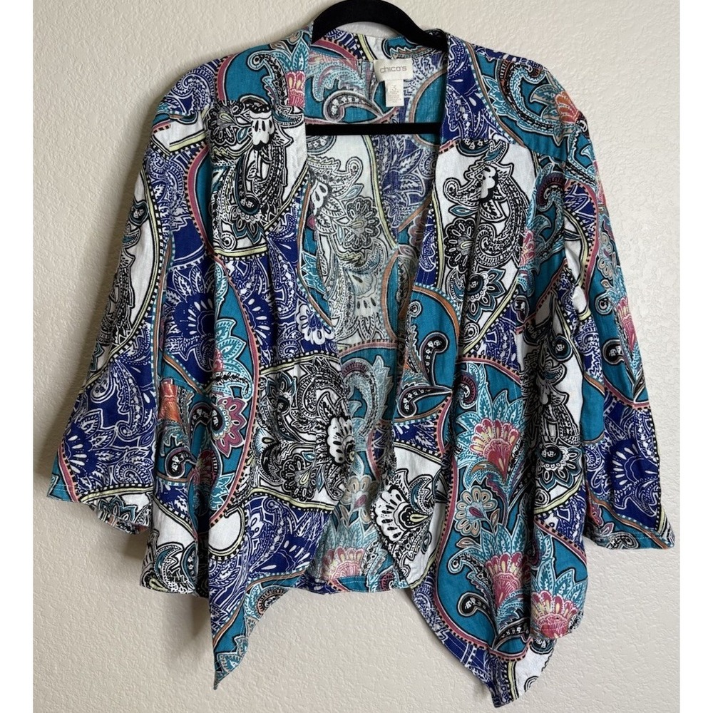 Chicos 3 US XL Jacket Blue Paisley 100% Linen Open Front 3/4 Sleeve Kimono Boho